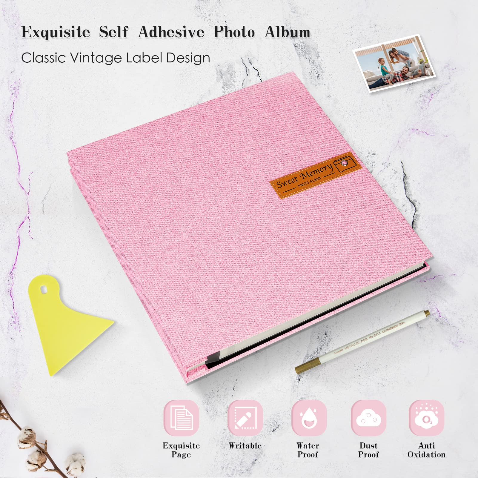 Spbapr Duży album na zdjęcia, samoprzylepny, magnetyczny album do scrapbookingu, album do scrapbookingu, na zdjęcia 4 x 6, 5 x 7, 8 x 10, 60 stron, lniana okładka, książka pamiątkowa na ślub, rodzinę,
