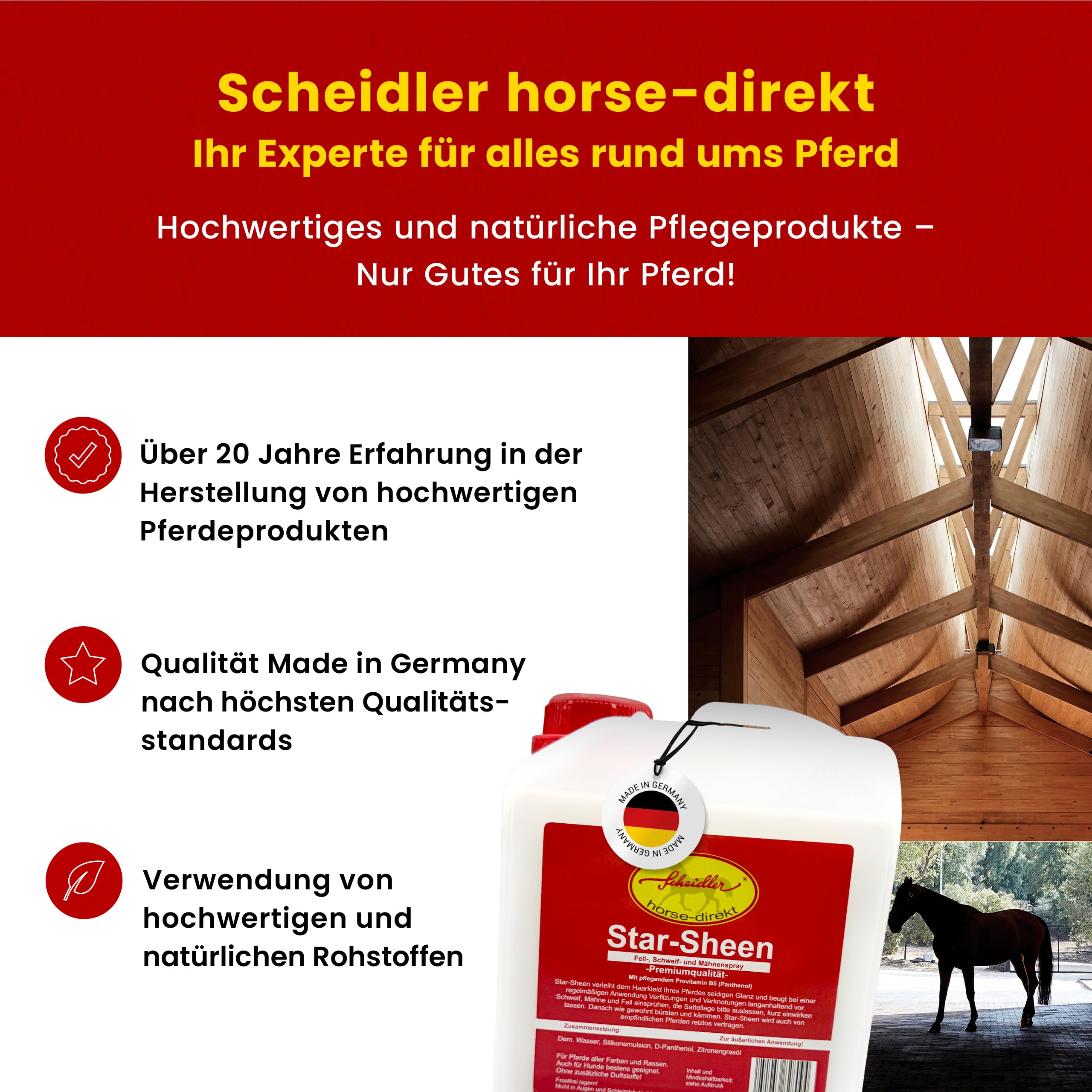 Scheidler horse-direkt Star-Sheen Mähnenspray 5l Kanister für Pferde – Langanhaltendes Schweifspray für brillanten Glanz - Leichtes Kämmen & Fellpflege – Natur Glanzspray Made in Germany