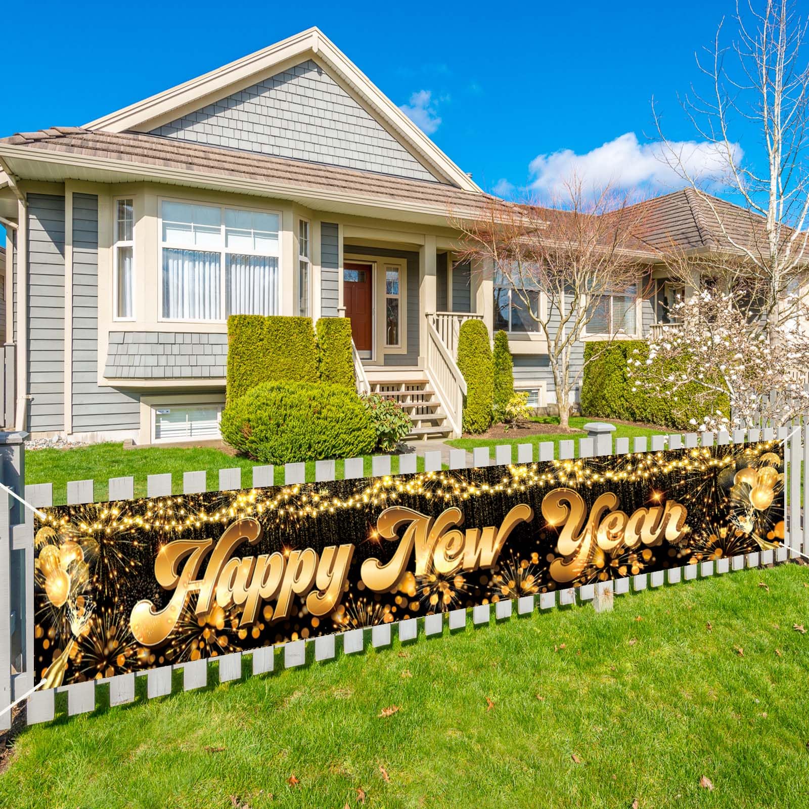 Happy New Year Banner 2026, 120x20 Inch Extra Large Yard Sign, Black Gold New Years Eve Party Decorations, Outdoor Front Door Garden Flag, Xmas Christmas NYE Supplies