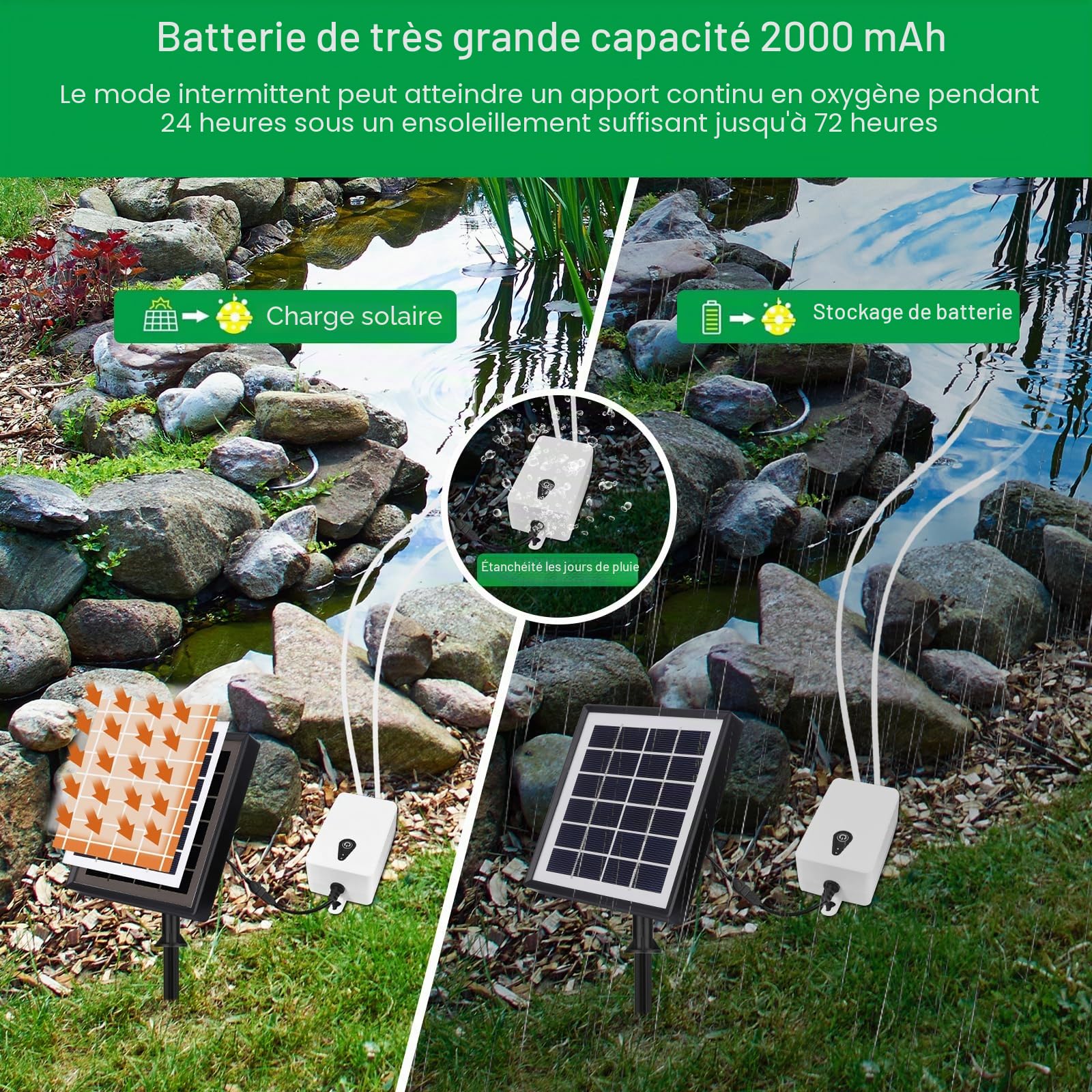 Pompes à air solaires, chargement USB et chargement solaire sont disponibles, oxygénateur de 2 W pompe à air d'aquarium, aérateur de pêche avec tube, pierres à bulles, pompe à oxygène solaire
