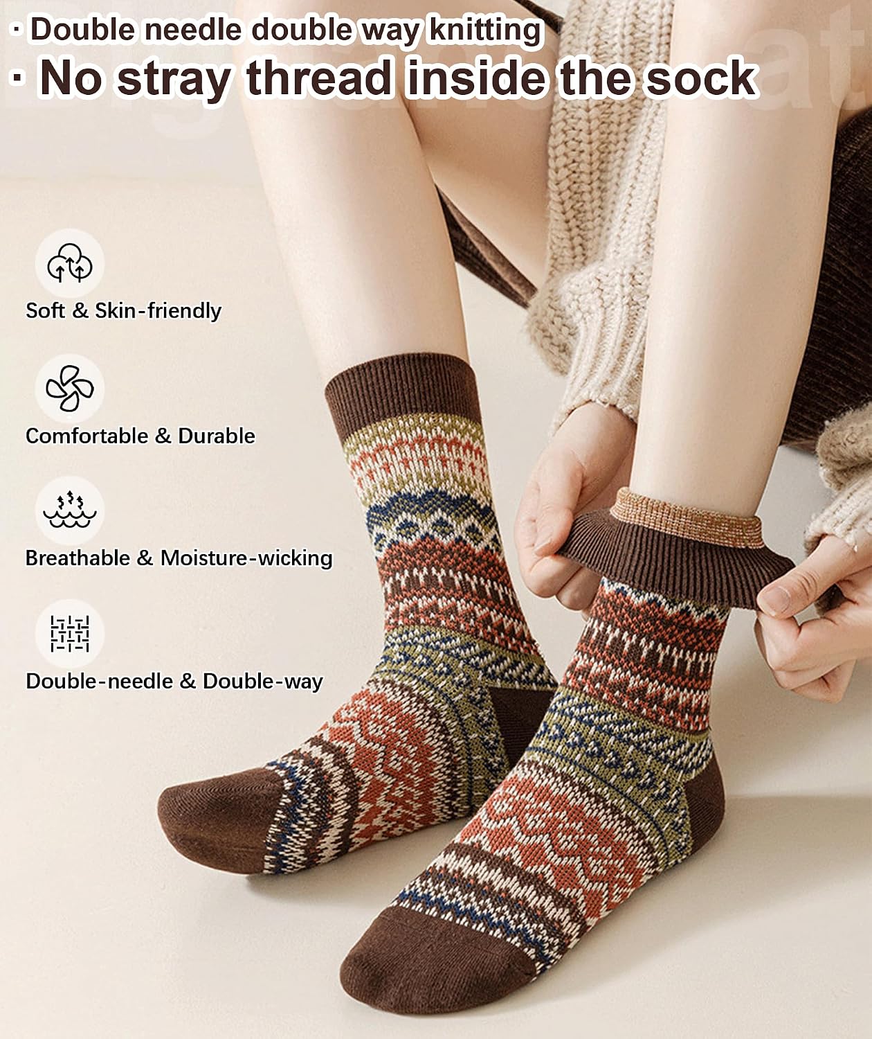 IIG 3-5 Pairs Womens Vintage Cozy Crew Socks Soft Cute Neutral Cotton Socks Exquisite Patterns Socks Gift