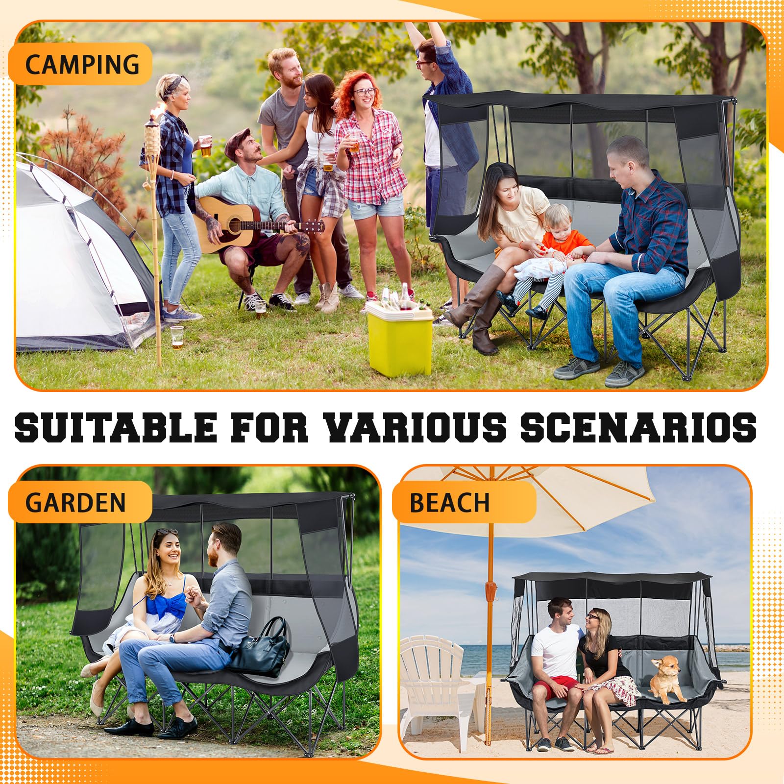 3-Person Camping Chair With Canopy - Oversized Padded Outdoor Sofa, Heavy Duty, Cup Holders, Carry Bag