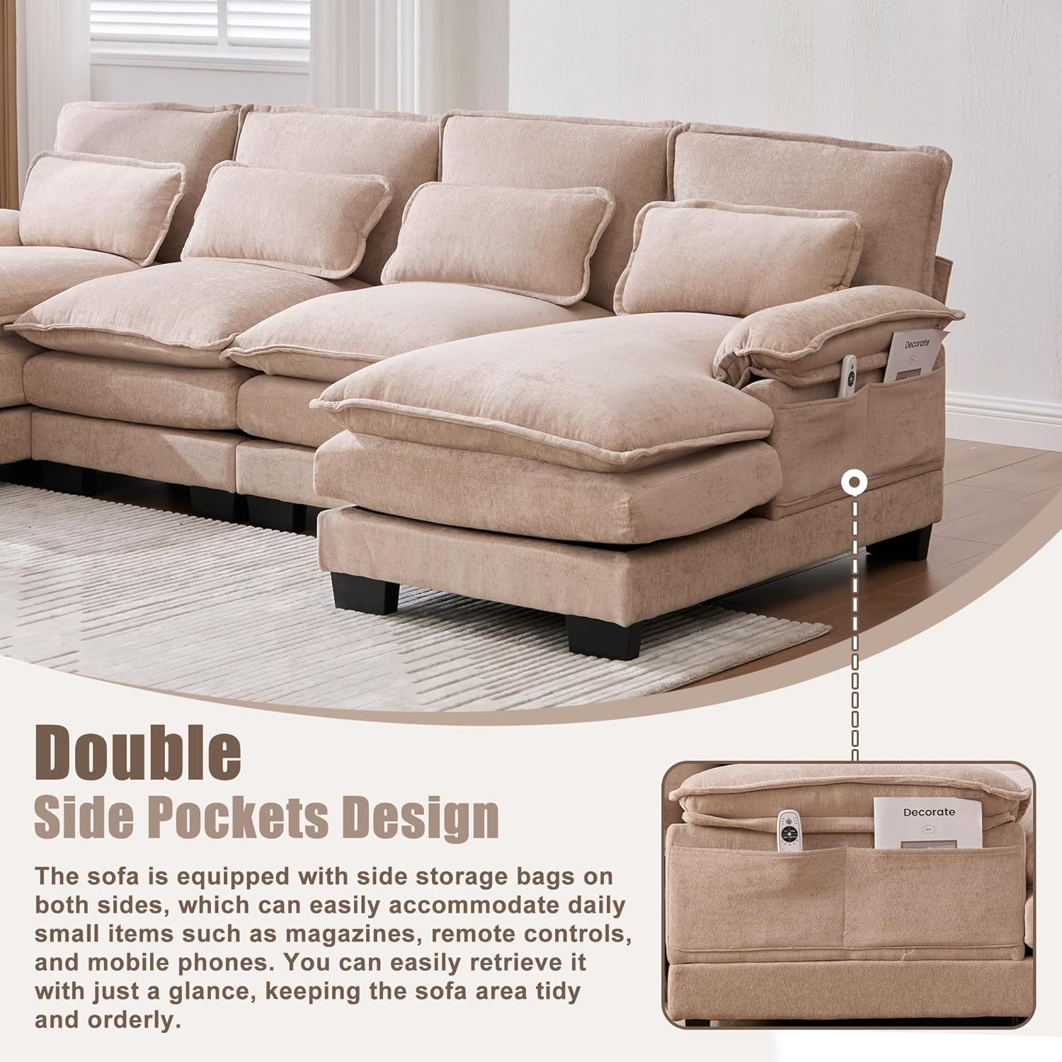 United WE Win U-Shaped Sectional Sofa, 110" Chenille Cloud Couch with Double Chaise, 4 Seat Modular Sleeper with Memory Foam, Side Pockets, Beige (Khaki) | Modular Cloud Couch, 4-Seat Sleeper Bed, Chenille Fabric, Memory Foam, Side Pockets