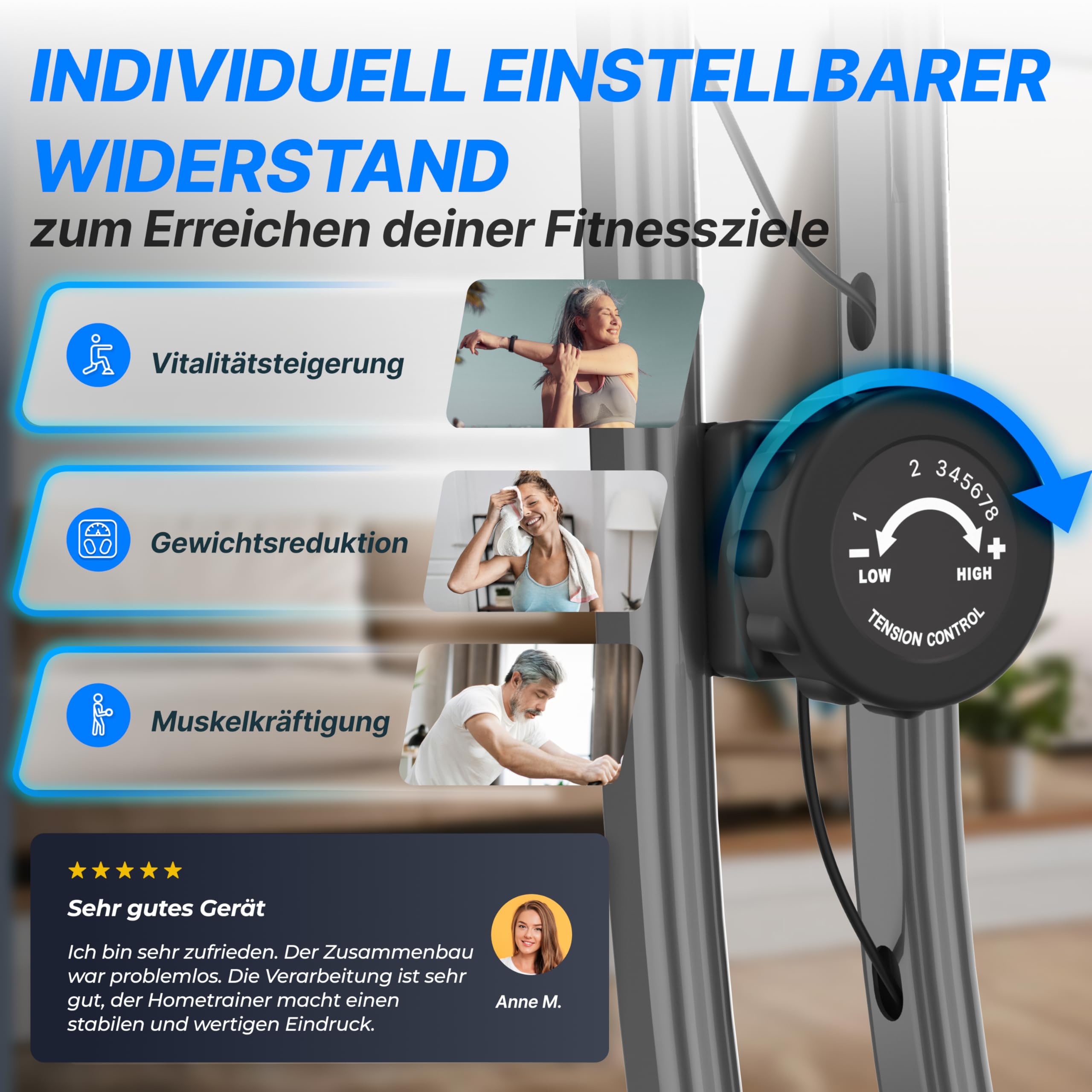 Ultrasport F-Bike 150, Fahrradtrainer, Fitnessbike, LCD Trainingscomputer, faltbarer Heimtrainer, Herzfrequenzmessung, 8 Widerstandsstufen, max utzergewicht 110 kg, Höhenverstellbarer, Silber/Schwarz