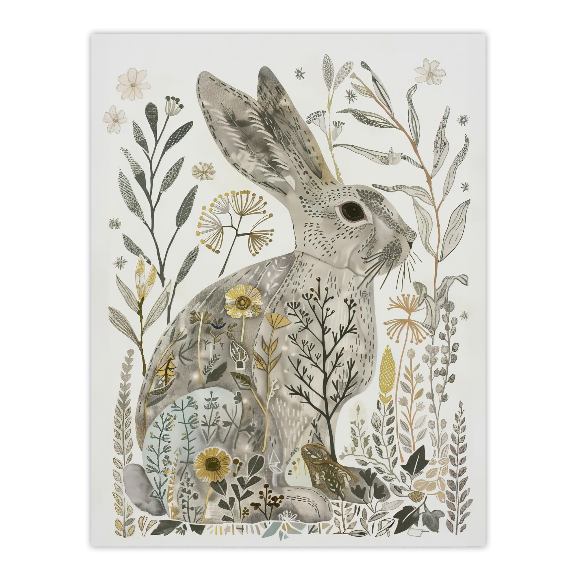 Artery8 Unframed 12X16" Bunny Rabbit Flowers Grey Yellow Bright Folk Art Living Room Unframed Wall Art Print Poster Home Decor Premium