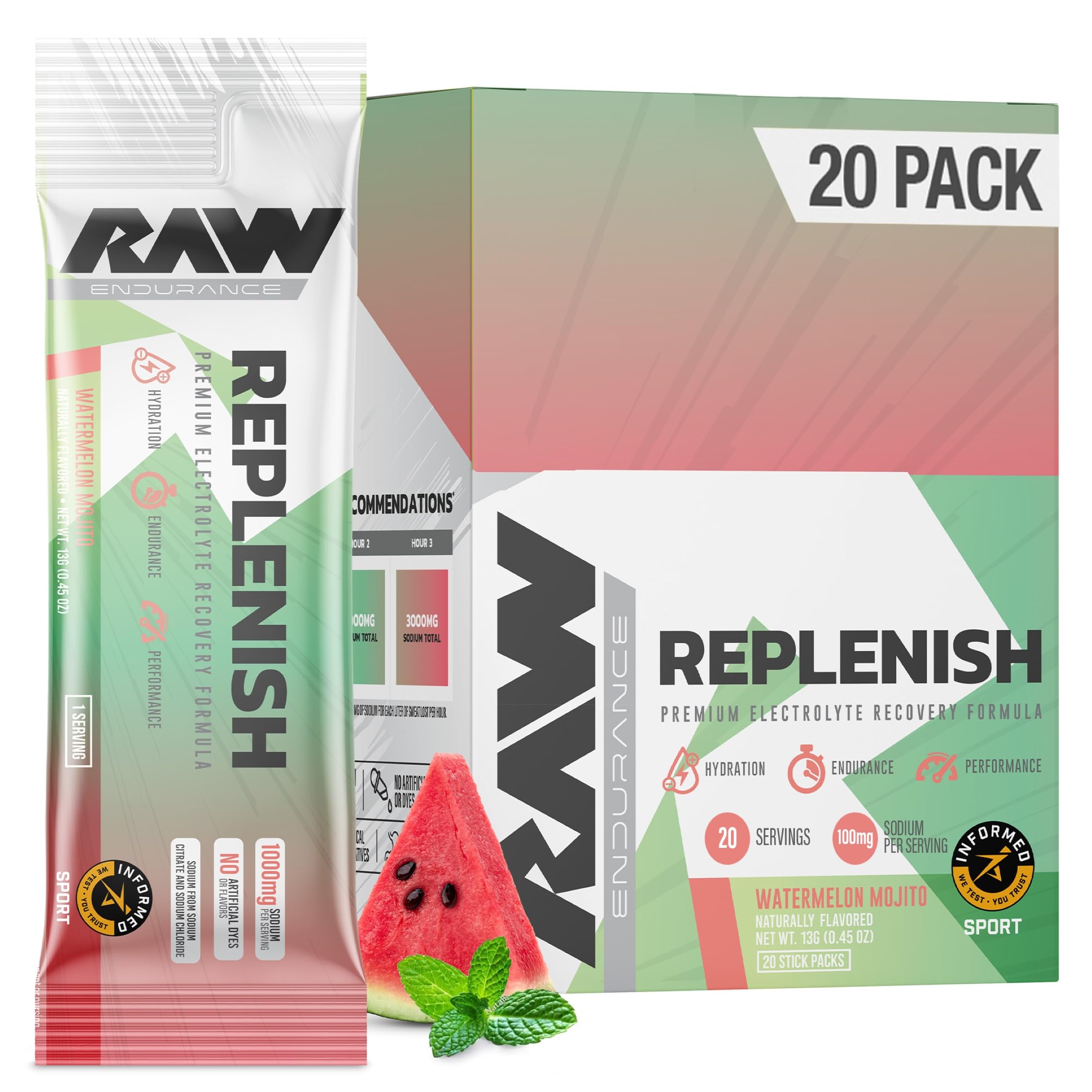 RAW Replenish Box, Premium Electrolytes Powder Recovery Formula, Watermelon Mojito (20 Sticks) - Flavored Electrolyte Drink Mix Supplement for Hydration, Replenishment, Endurance & Performance