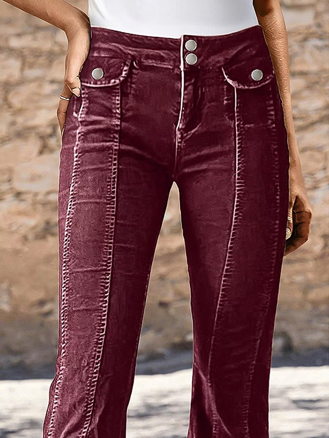 Flamingals Bootcut Mid Waist Solid Stitch Front Retro Pants for Women with Flap Pockets - Image 5