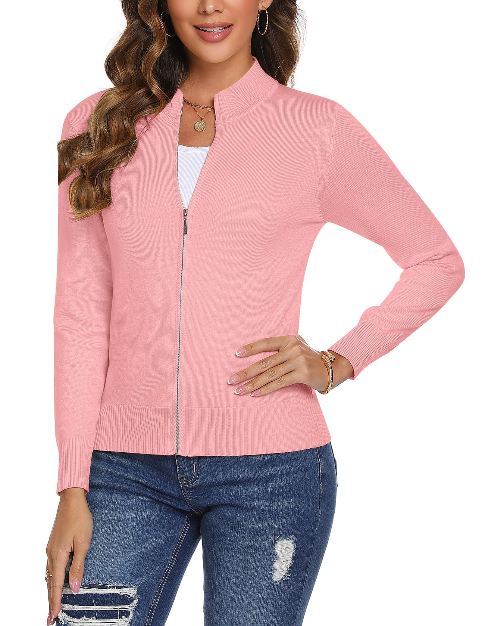 Aottori Cardigan Donna con Zip Maglione Cerniera Leggero Giacca in Maglia Elegante Golfino a Maniche Lunghe Pullover Aperta Casual per Primavera Autunno Invernale