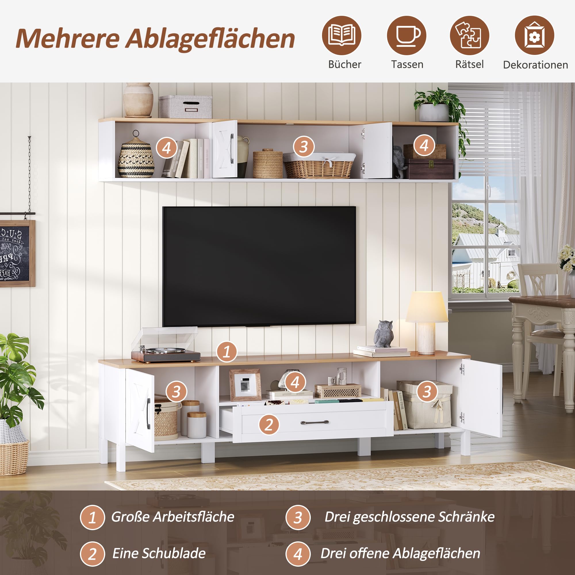Set da parete per TV da 180 x 40 x 50 cm (set completo, 2 pezzi), supporto per TV + vetrina sospesa, set da parete multimediale, con 4 armadi e 1 cassetto, set per TV fino a 80", bianco