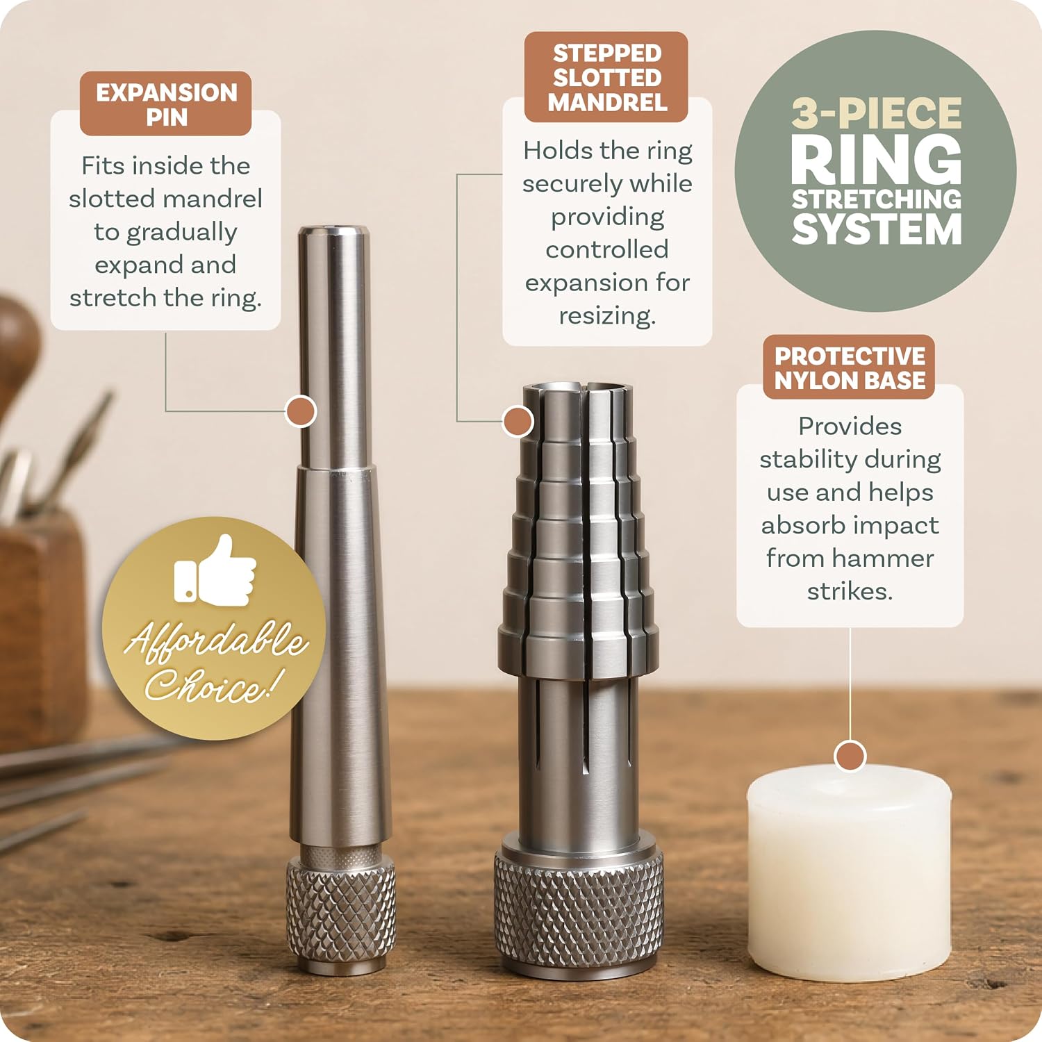 The Beadsmith Rathburn Ring Size Adjuster – 6” Multi-Stepped Ring Resizer | Includes Expansion Mandrel & Nylon Base, for Band Sizes 7 & Up, Economy Jewelry Tools for Jewelry Making and Repair