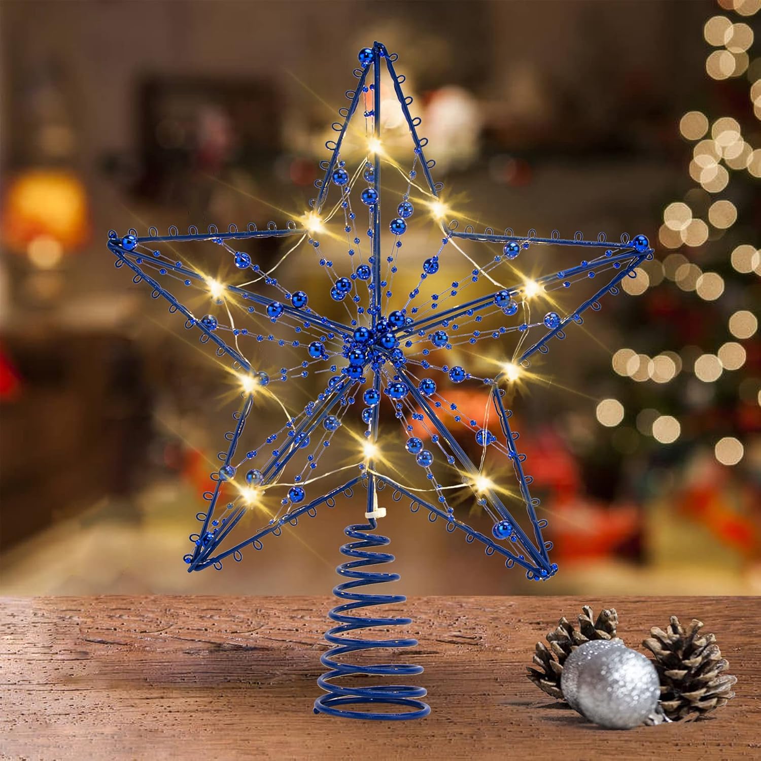 LAWOHO Christmas Tree Topper Star, Blue Star Tree Topper with 10 Warm LED Lights, Beads Designs Star Topper, Lighted Xmas Tree Topper for Christmas Tree Ornament Party Home Festival Indoor Decorations