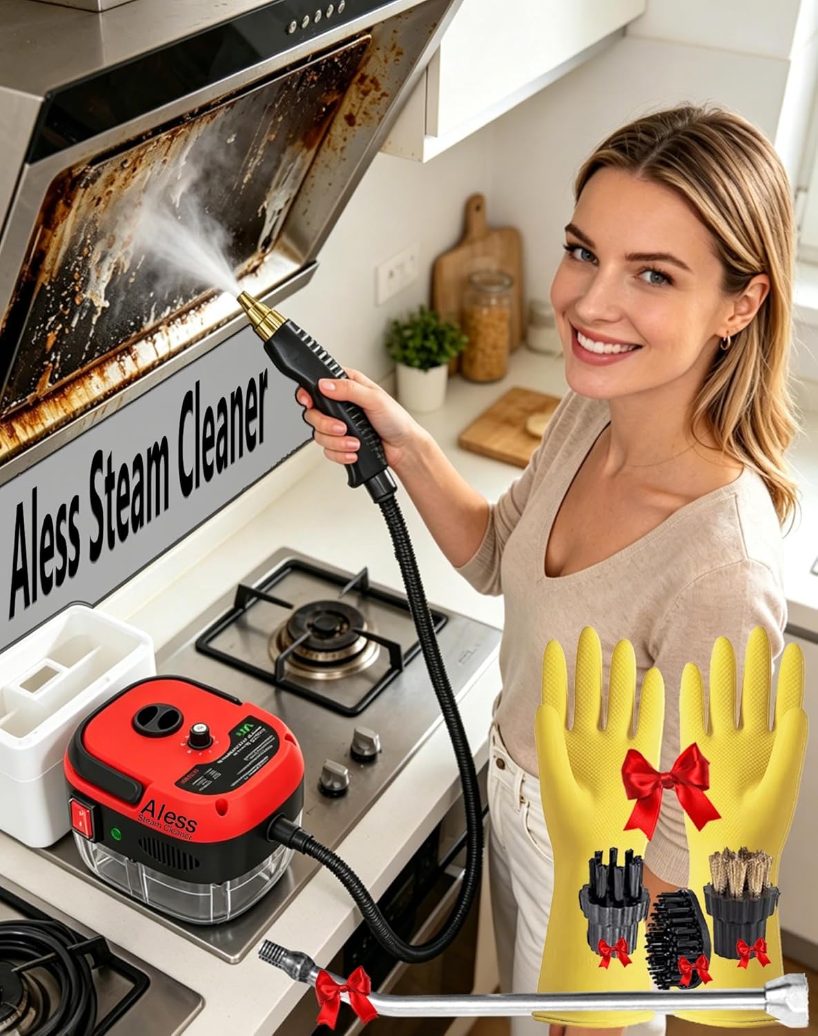 2500W Handheld High-Temperature Pressurized Steam Cleaner with 6 Adjustable Levels & 1L Tank,229°f Pressurized Steam for Kitchen Grease,Tile Grout & Car Interior,Home Handheld Steam Cleaner (Red)