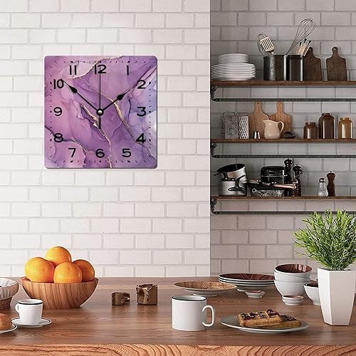 Miniatura 4 de Reloj de pared de madera de 15 pulgadas, funciona con pilas, digital morado y dorado con textura de purpurina cuadrada, reloj de pared de estilo