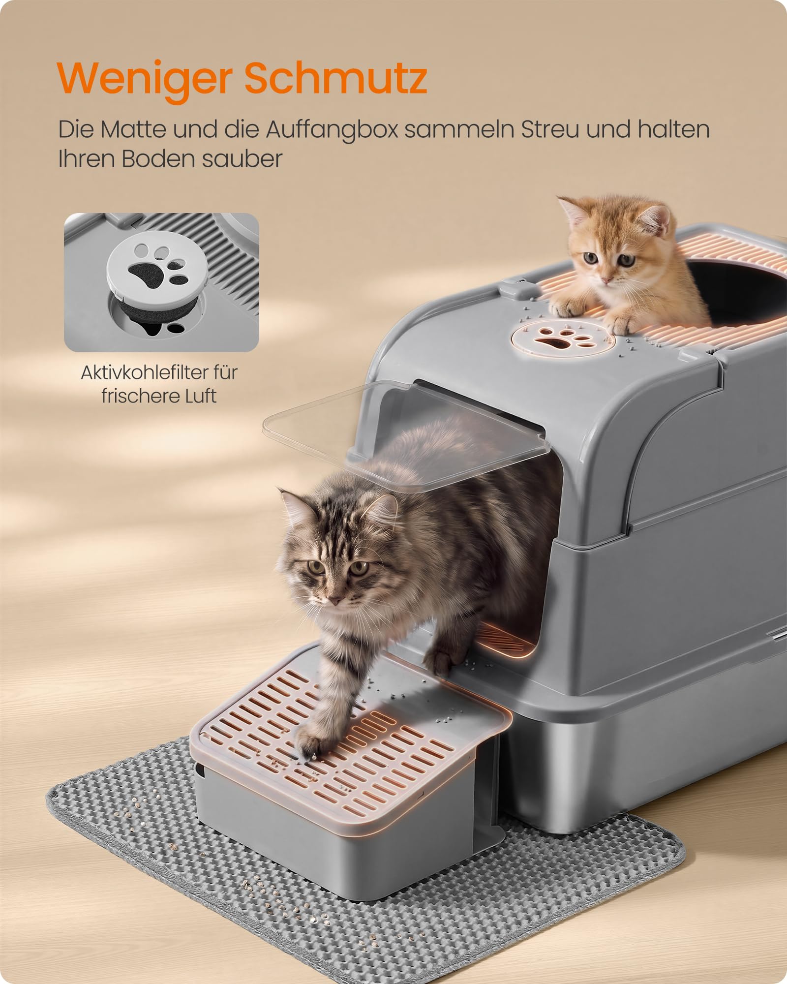 Feandrea Katzenklo Edelstahl, Katzentoilette mit Deckel, geschlossen, 2 Eingänge, inklusive Schaufel und Bürste, für Katzen bis 15 kg, taubengrau PPT021G201