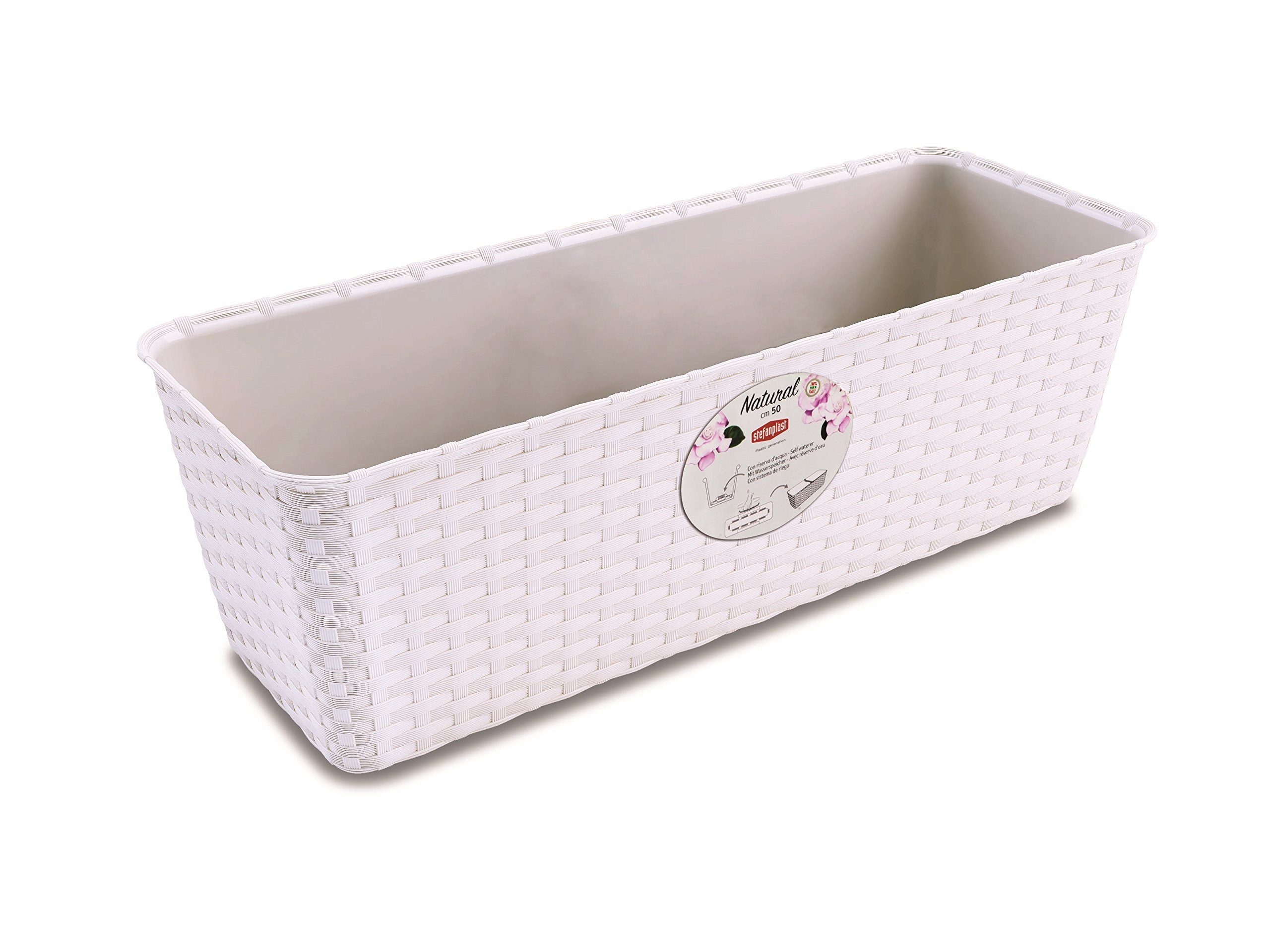 4 Stück Pflanzkasten im Rattan Design mit integriertem Wasserspeicher und Metallrahmen für Geländer Aller Art oder zum Aufstellen, Maße B 50 x H 18 x T 16 cm, Farbe weiß