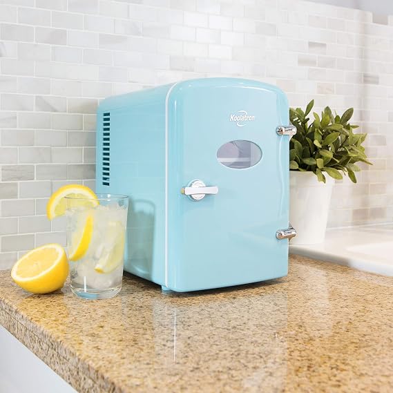 Koolatron Retro Mini Fridge For Bedrooms 12V Portable Cooler Refrigerator 4L Small 6 Can Table Top Quiet Mini Fridges For Skincare Food Drinks Kids Home Car & Travel Aqua [Energy Class A+]