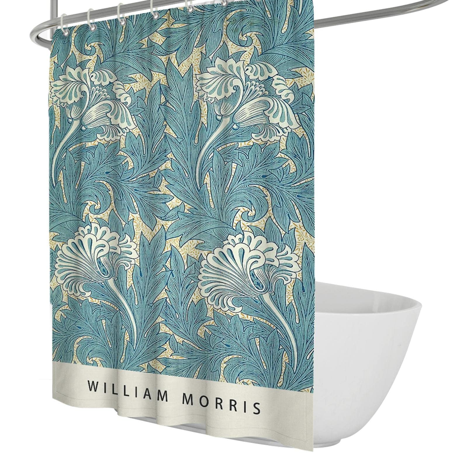 DINGSION William Morris Shower Curtain Liner Set Blue Vintage Flower Leaves Pattern Polyester Fabric Bath Curtains for Bathroom Clearance W120x180cm