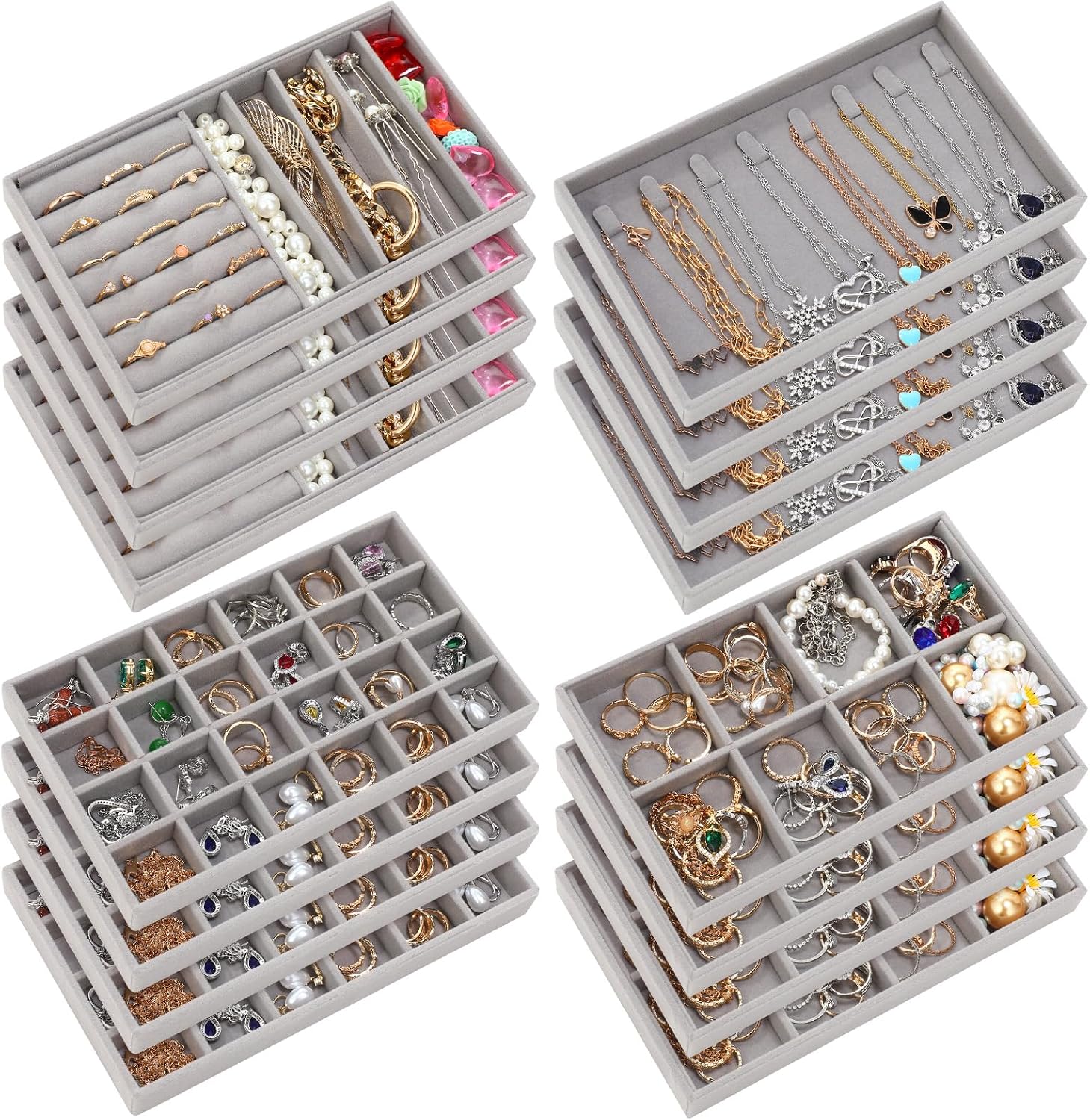 Tondiamo 16 Pcs Velvet Jewelry Drawer Organizer Trays Bulk 8.39 x 4.88 x 0.94 Inch Grey Stackable Jewelry Storage Inserts Set Tray Set with Removable Divider for Earrings Necklaces Bracelets
