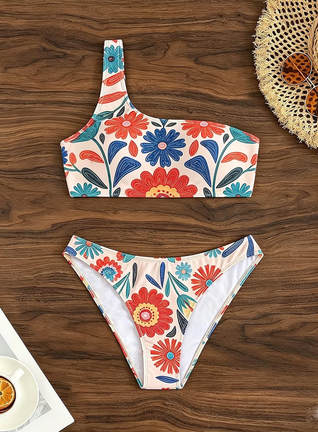 YIMISAN Women's Ribbed Bikini Sets One Shoulder Top with Mid Waist Two Piece Bathing Suit