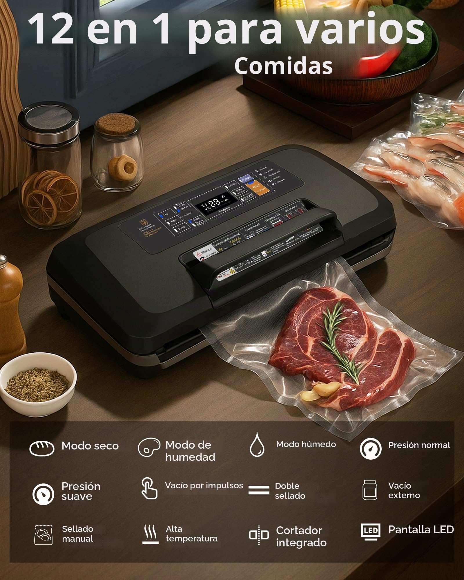 Aparato 12 en 1 con Doble Soldadura: Envasadora al Vacío Doméstica y Profesional para Alimentos de 95 kPa – Incluye Easy-Lock, Cortador de Film, Bandeja Desmontable para Conservación de Larga Duración