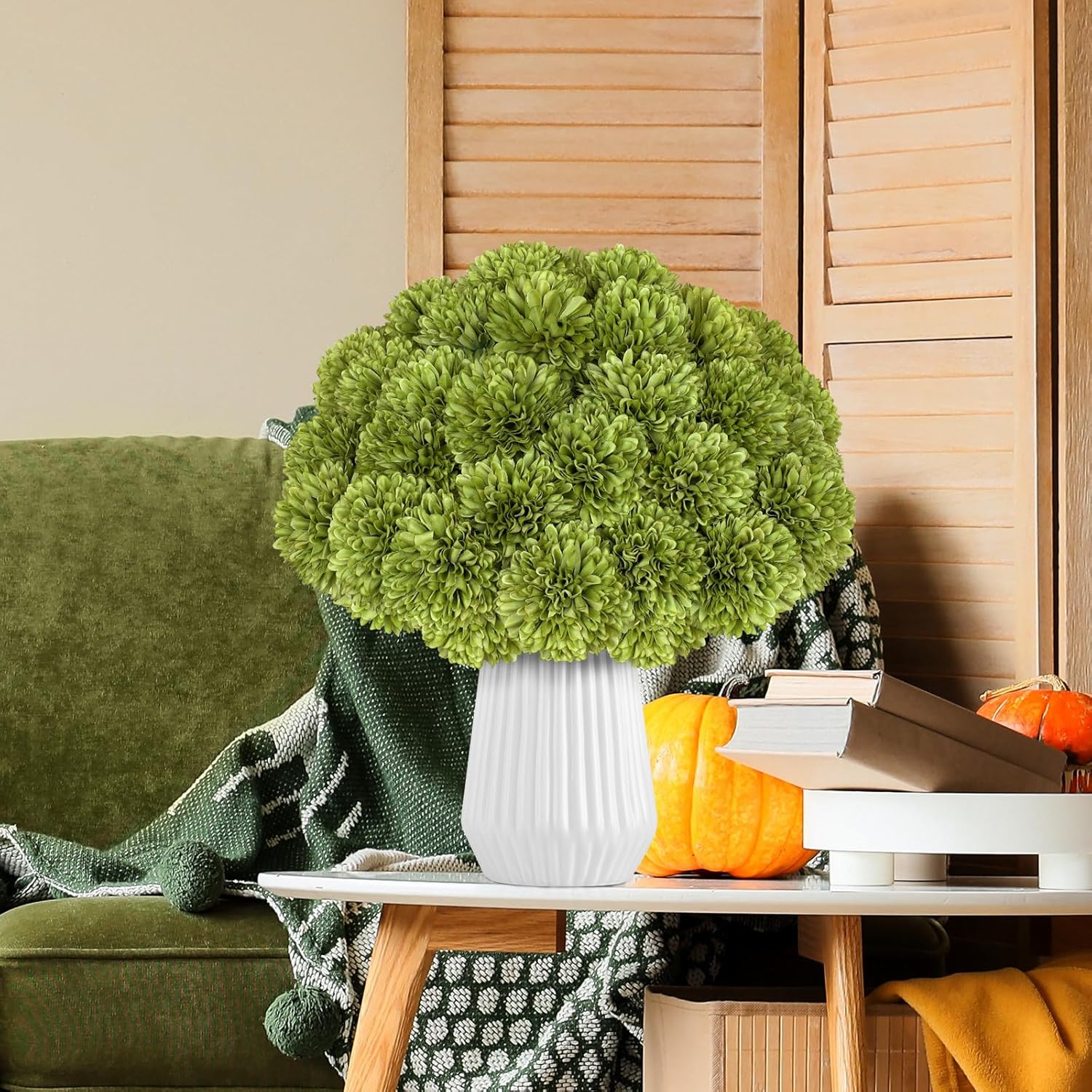 36 Pcs Artificial Chrysanthemums Flowers Green Ball Flower Silk Fake Mums Flowers for Home Decor Outdoor Wedding Floral Arrangement St Patricks Day Table Centerpiece