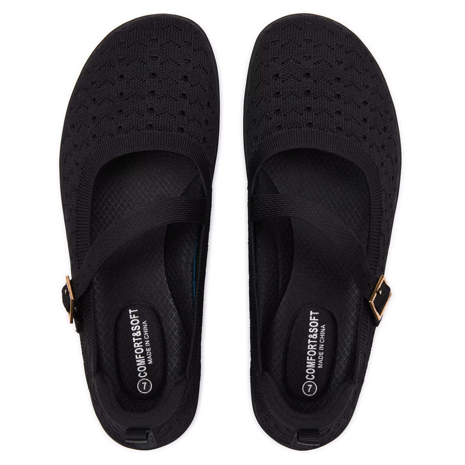 Frank Mully Damen-Ballerinas Übergröße Mary-Jane Strickschuhe breite Zehenbox verstellbare Riemen