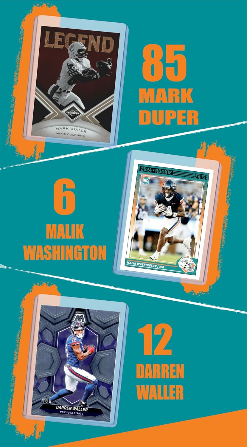 Miami Dolphins Cards: Tua Tagovailoa, De'Von Achane, Tyreek Hill, Jaylen Waddle, Dan Marino, Mark Duper, Chop Robinson, Malik Washington, Darren Waller Assorted Football Stars & GOATs Trading Card & Wristbands Gift Pack