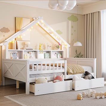 Full Size House Bed with 2 Storage Drawers, Wood Daybed with Fence, LED Light & Roof, Montessori House Bed Frame for Kids, White