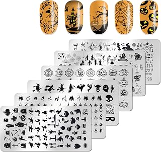 JERCLITY 6pcs Halloween Nail Stamping Plate Halloween Nail Stamping Plates for Nails Witch Ghost Skull Pumpkin Flame Image Plates Nail Stamper Kit for Halloween Nail Art