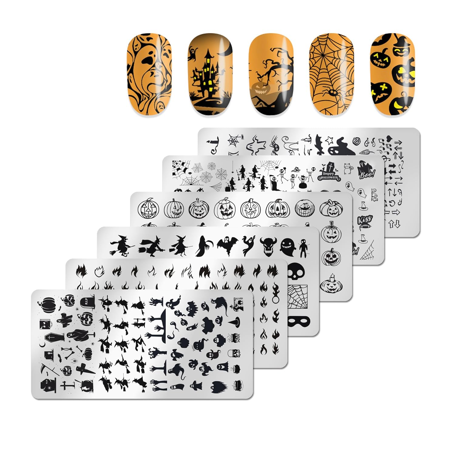 6pcs Halloween Nail Stamping Plate Halloween Nail Stamping Plates for Nails Witch Ghost Skull Pumpkin Flame Image Plates Nail Stamper Kit for Halloween Nail Art