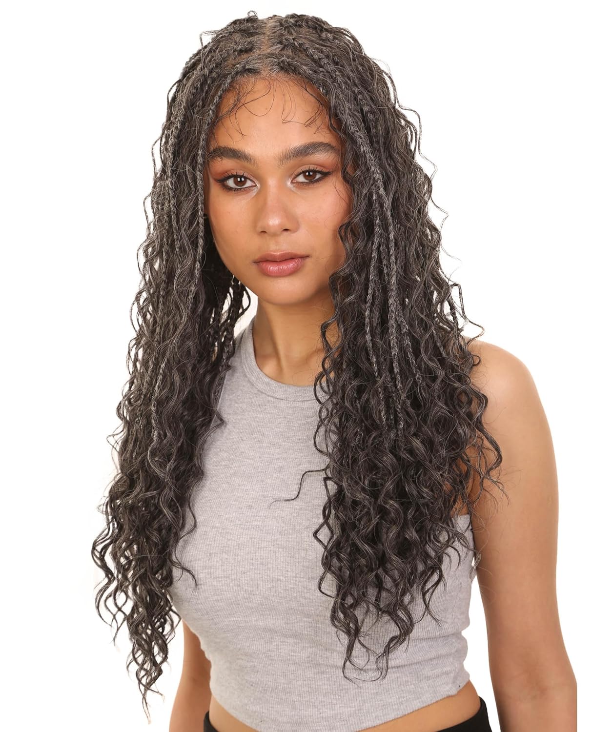 LUXLUXE Grace 25-inches Full Hand-tied Boho Box Braids Wig with Baby Hair, Heat-resistant Synthetic Fiber, (Charcoal Grey)