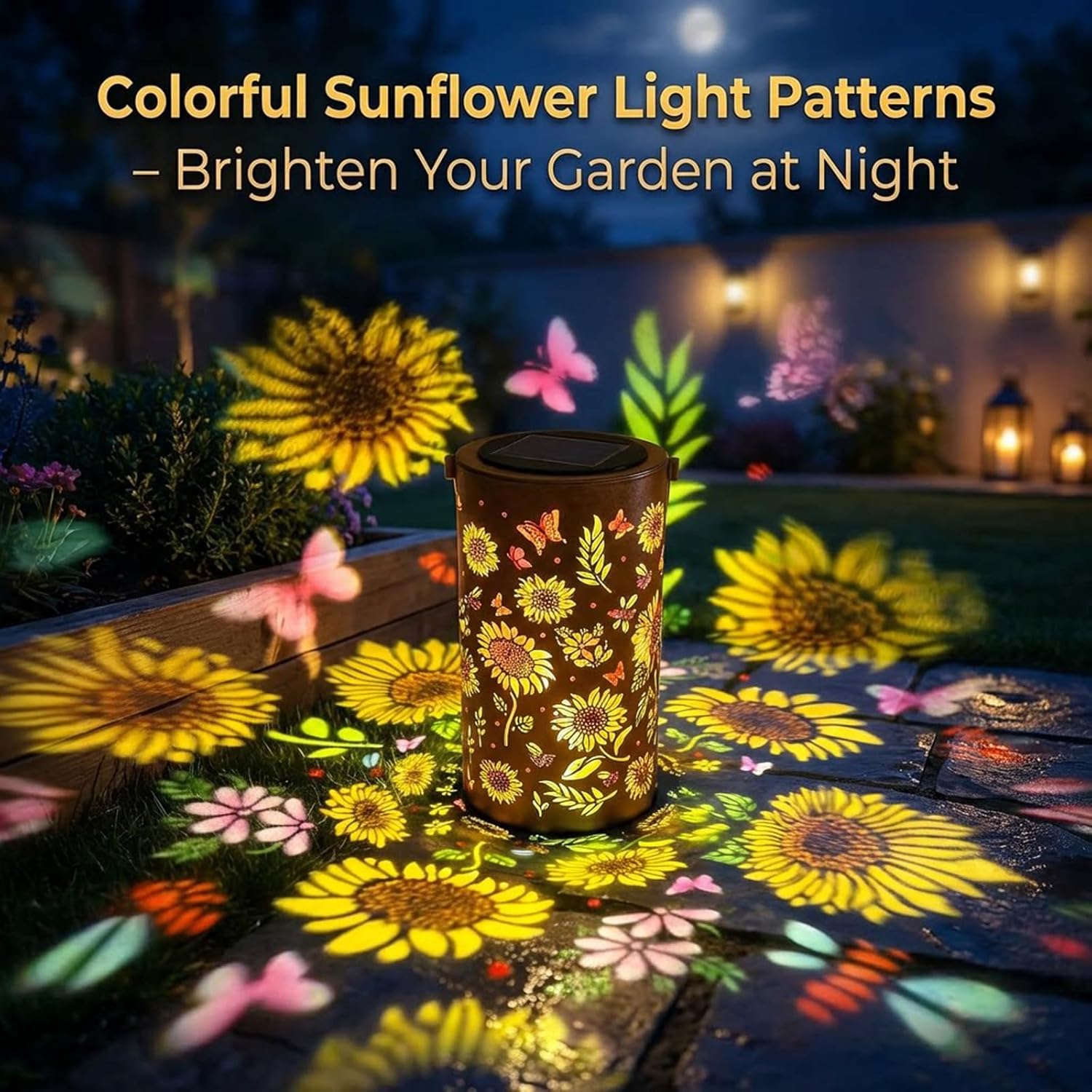 Colorful Sunflower Glow Solar Garden Lantern, IP65 WaterproofSolar Lanterns Outdoor, Hanging Solar Lanterns with Colorful Projection, Metal Lanterns Decorative for Yard, Porch (Colored Light*4)