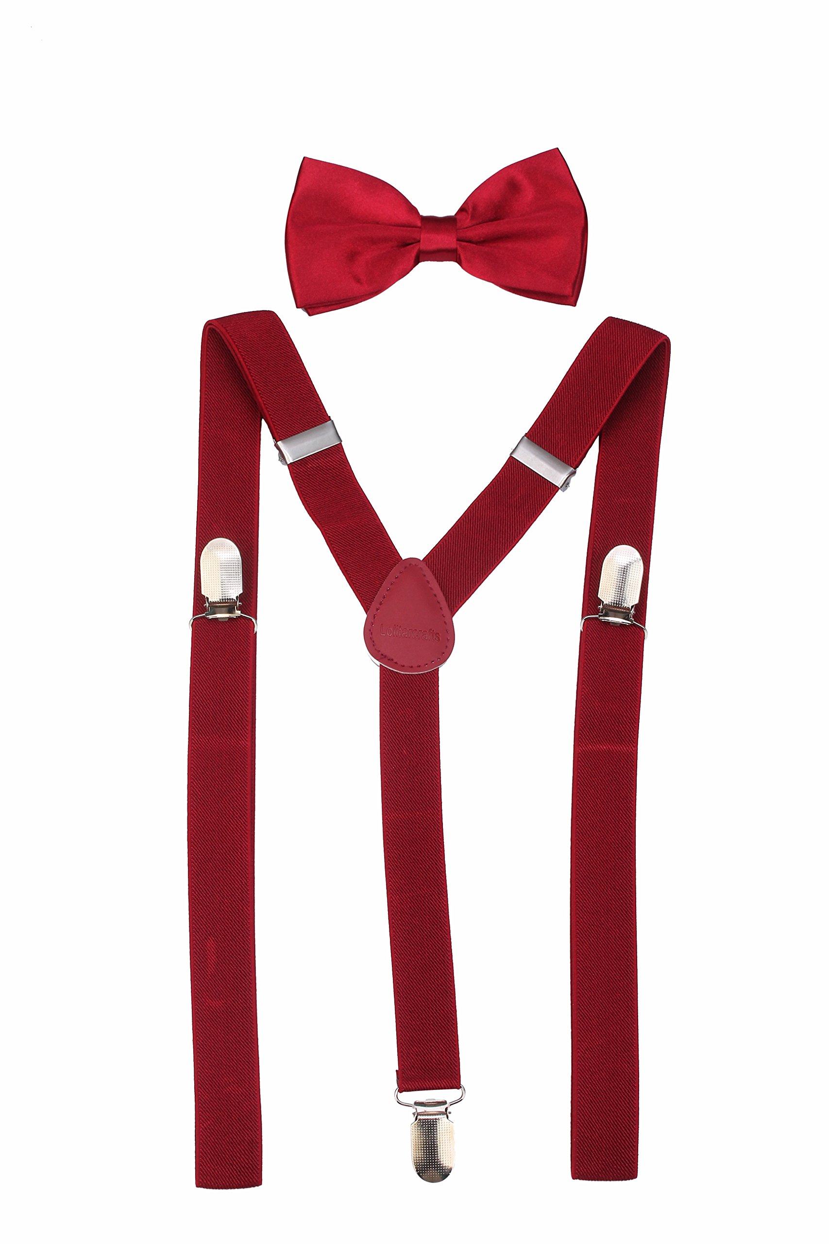 Men's Classic Solid Suspenders Matching Bow Tie Set Braces (Burgundy)