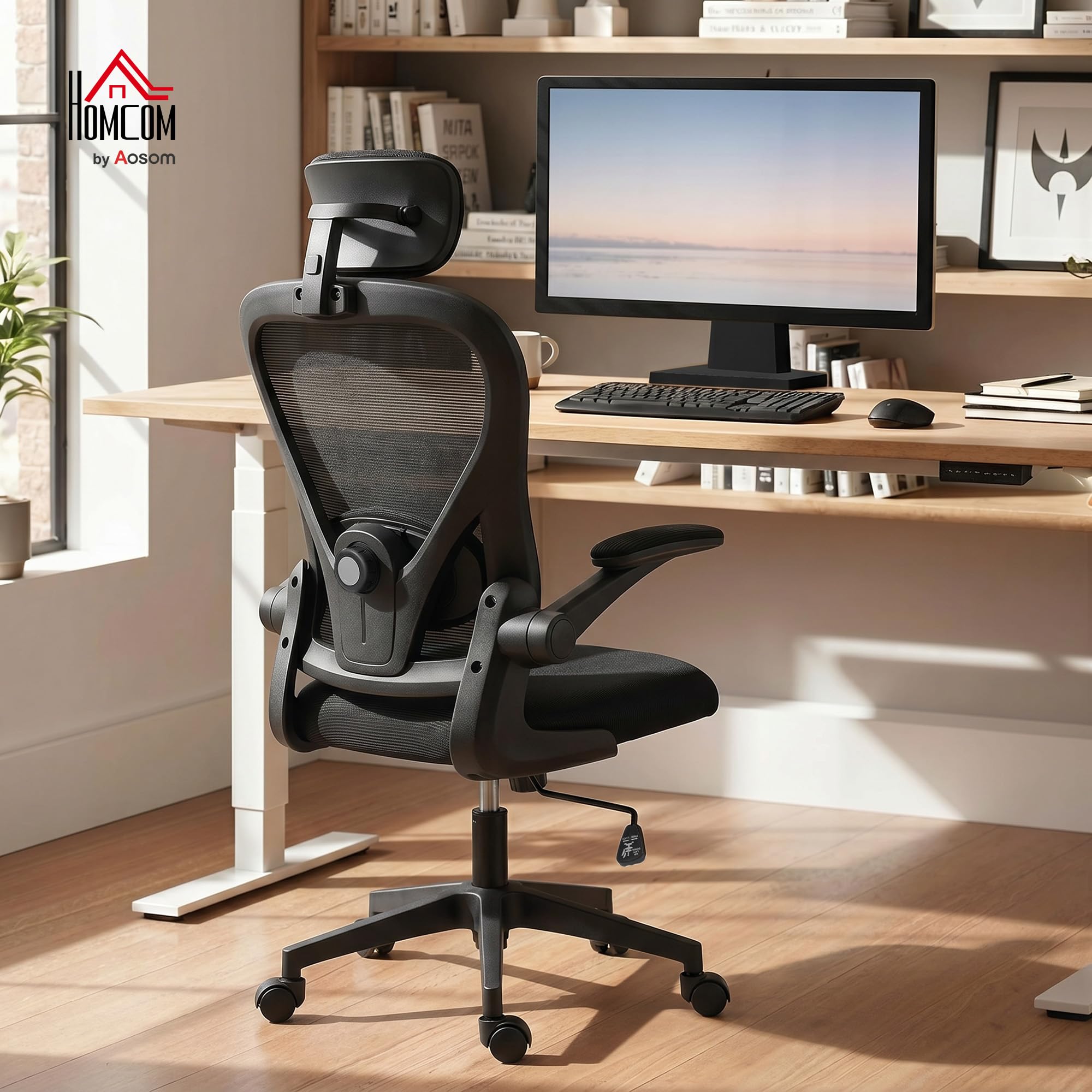 HOMCOM Bürostuhl Ergonomischer Schreibtischstuhl mit Kopfteil Schwarz | Hochklappbare Armlehnen, Verstellbare Lendenwirbelstütze, Höhenverstellbarer Drehstuhl, Wippfunktion, Netzbespannung