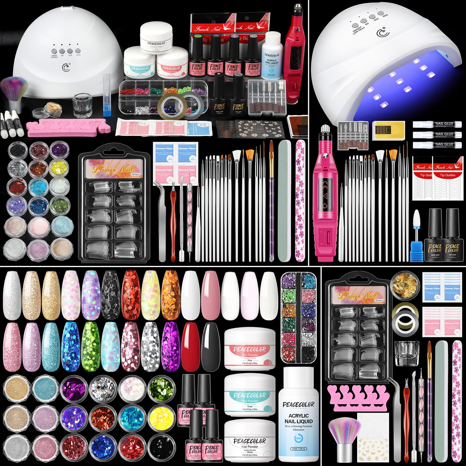 Peacecolor Acrylic Nail Kit with Drill, 40pc Nail Kit Acrylic Set for Beginners with Everything Gel Polish U V Light Decorations Home Salon Gift Set