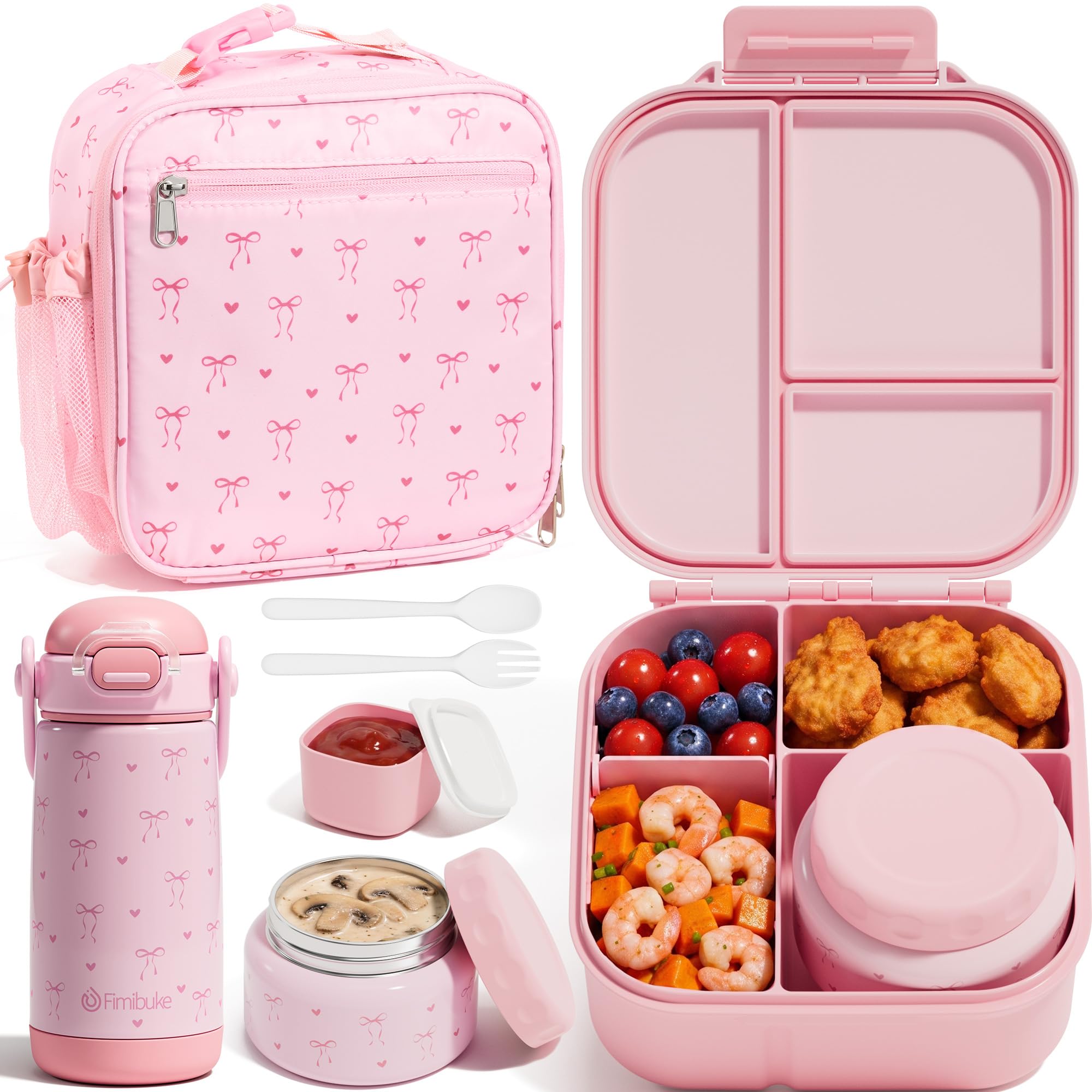 Fimibuke Kids Bento Lunch Box w/Insulated Water Bottle, Lunch Bag & Thermo | Leak Proof 3…
