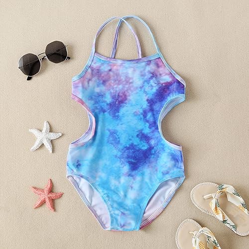 Miniatura 5 de Traje de baño de 1 pieza para niñas pequeñas, sin mangas, colorido, teñido anudado, estilo festivo (azul, 5-6 años)