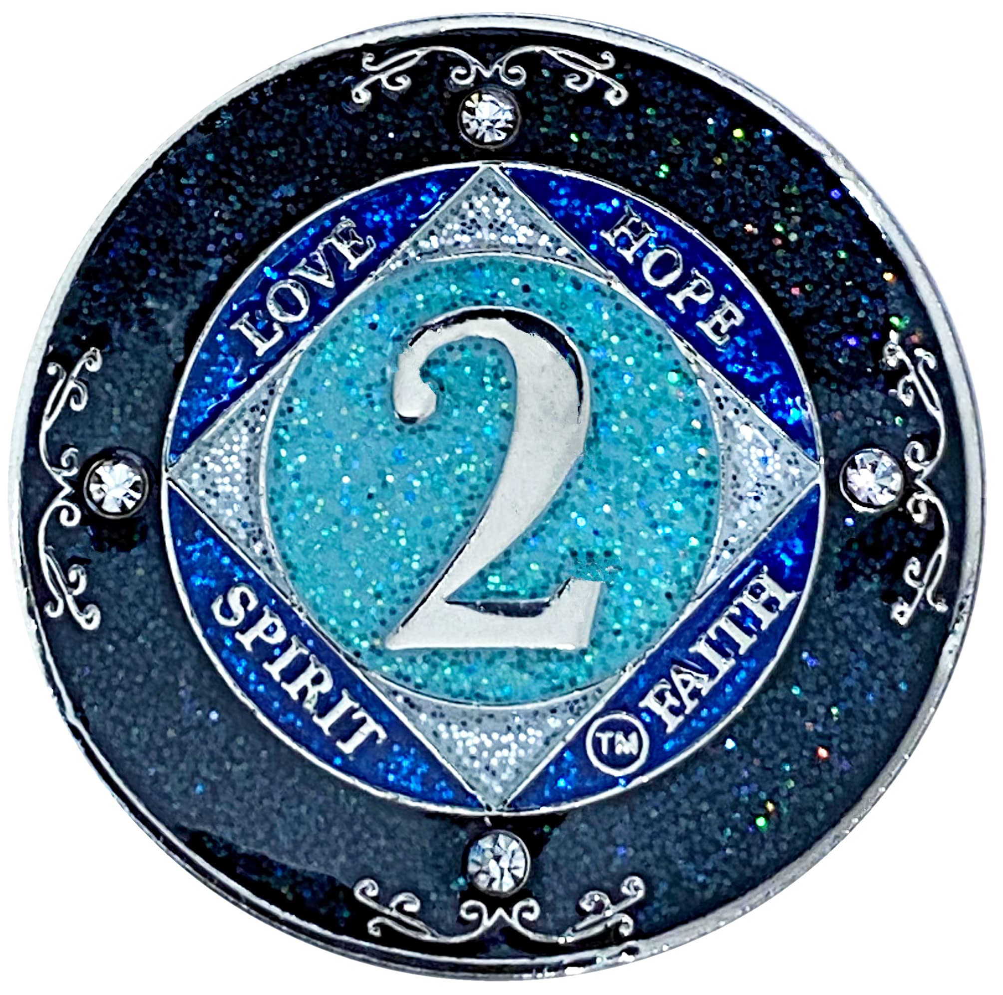 (Years 1-50) NA 2 Year Crystals and Glitter Medallion, Silver Color Plated Coin, Black Rainbow, Blue Glitter and Four Clear Crystals, Epoxy Covered