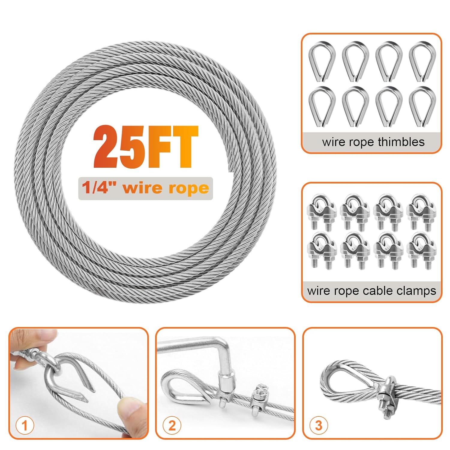 Stainless Steel Cable for Railing - 25FT 1/4" T316 Wire Rope with Clamps and Thimbles - 7 x 19 Strands 6700 LBS Breaking Strength for Outdoor Deck Railing Zipline - Image 6