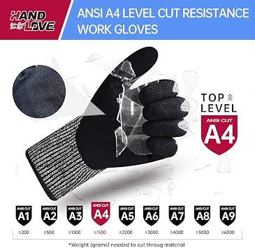 HandLove ANSI A4 Cut Resistant Gloves - 1Pair, Sandy Nitrile Anti-Slip Safety Work Gloves for Men, Knife Proof with Grip Coating for Construction Warehouse Glass Wood Work, Grey, M