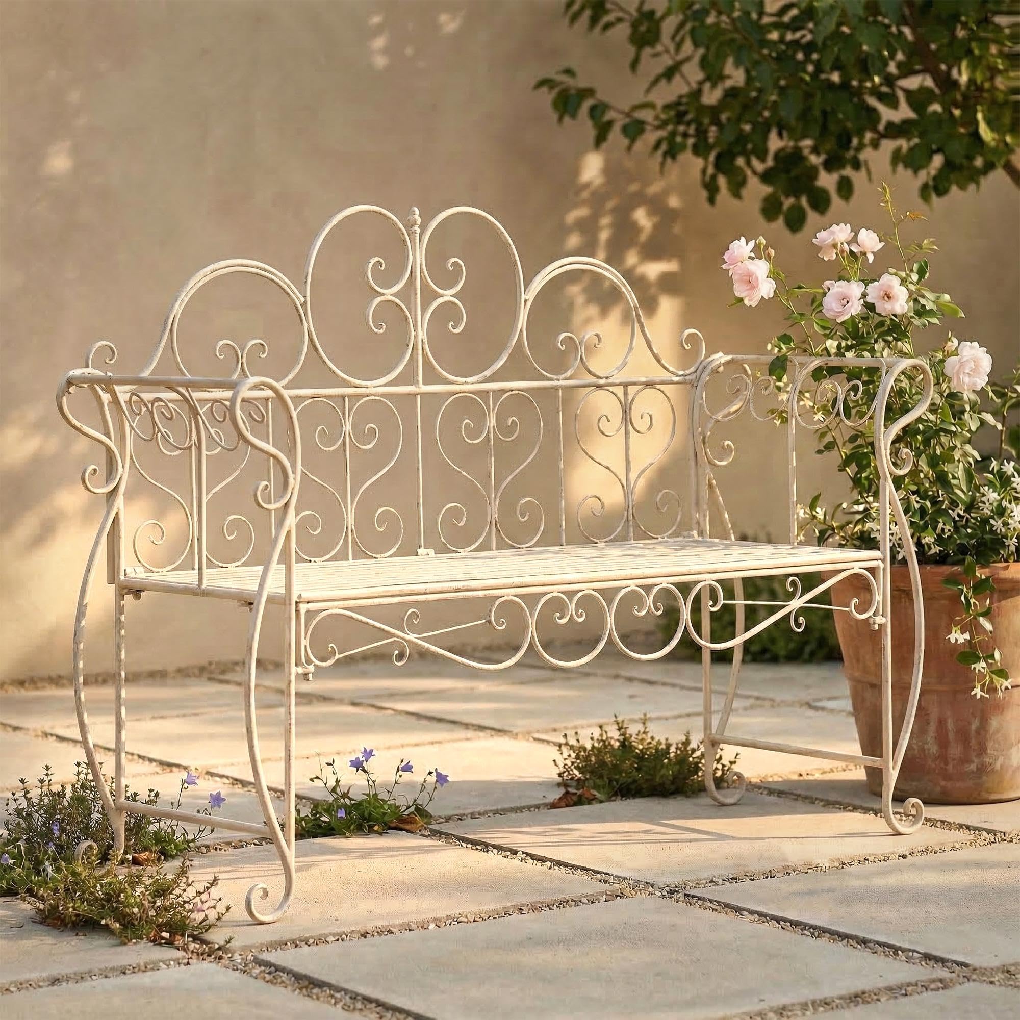 CLP Panchina da Giardino Minna, panchina in Metallo Stile Liberty Romantico con braccioli, Giardino, terrazza e Balcone, Portata 180 kg, Colore:Antico Bianco