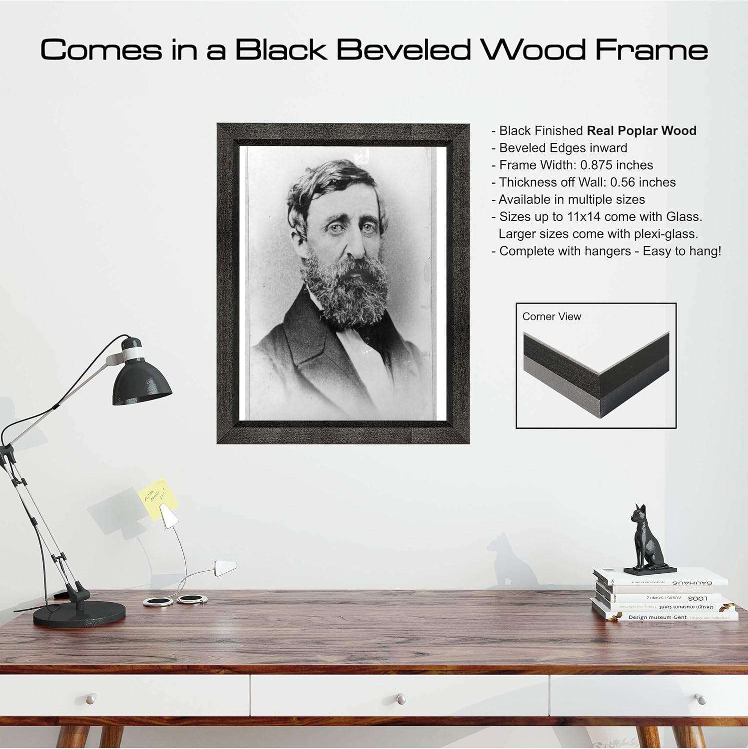 Henry David Thoreau Photograph in a Black Beveled Frame - Historical Artwork from 1879 - (5" x 7") - Matte