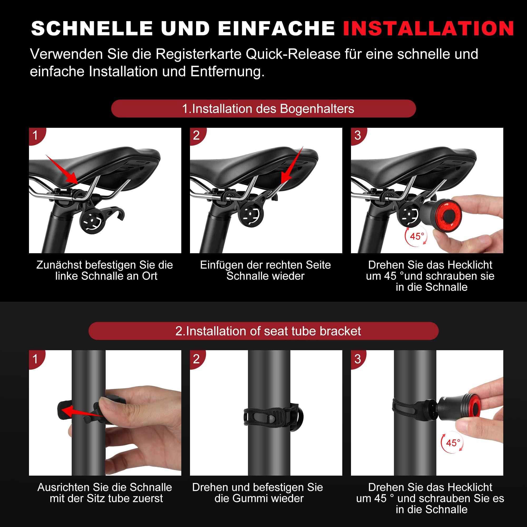 Fahrrad rücklicht,LED Fahrrad licht,USB-C Akku,Fahrradlicht hinten IPX6 wasserdicht für Rennrad,6 Beleuchtungsmodi,Geeignet für Rennräder,Mountainbikes und E-Bikes