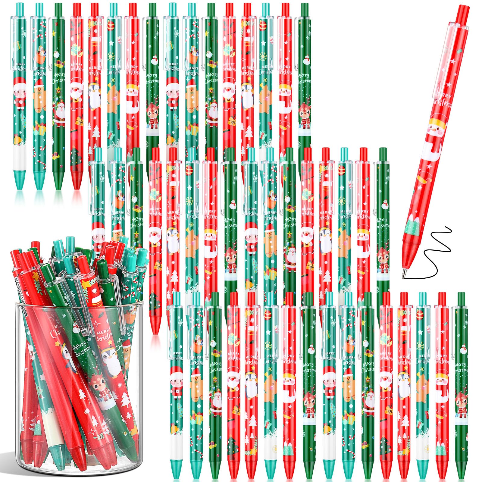Clabby 48 Pièces Stylos à Bille Cadeau de Noël Stylos Gel Noirs Stylo de Noël pour Famille Bureau Université Cadeau de Papeterie Stylo à Bille de Noël pour Collègues Professeurs