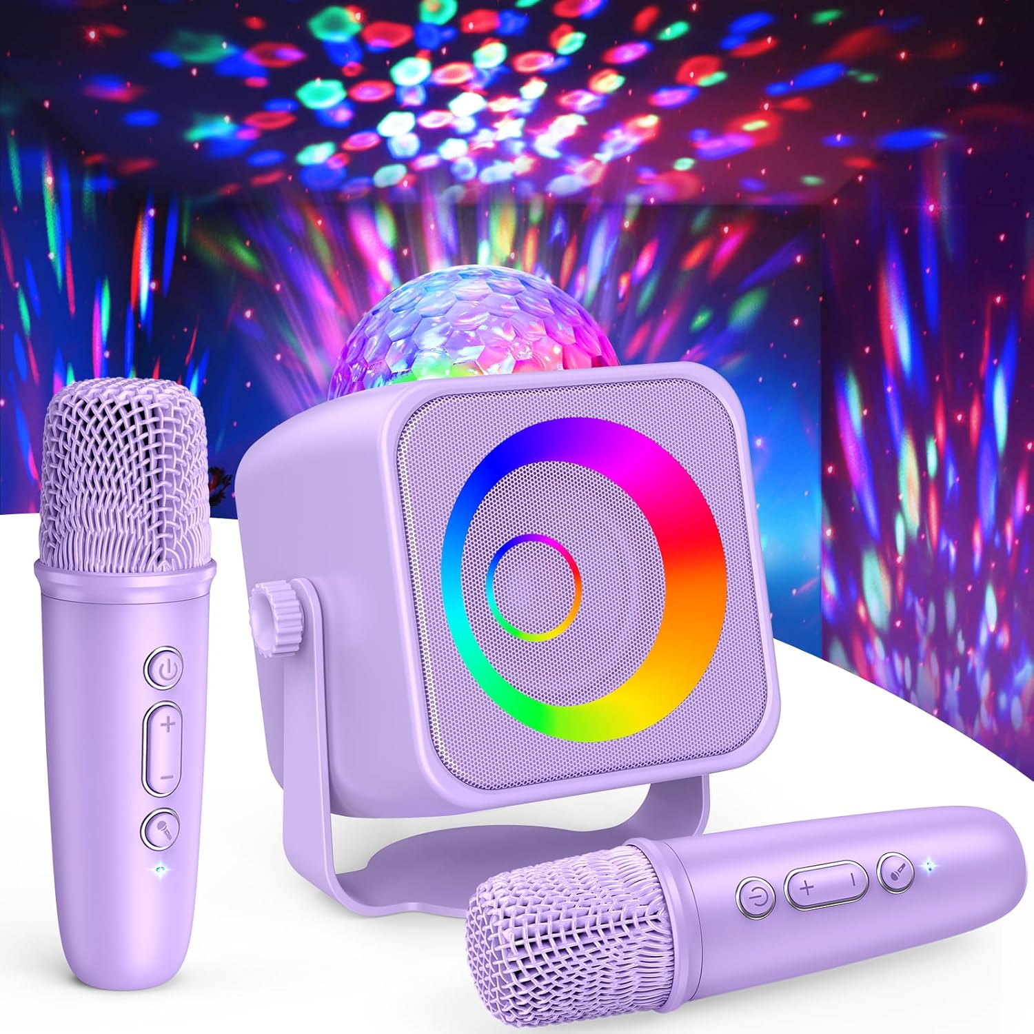 Disco Karaoke Microphone for Kids Girls: Birthday Gifts for 4 5 6 7 8 Year Old LED Lights Stand Karaoke Speaker Girl Toys Age 4-12 Portable Bluetooth Speaker with 2 Wireless Mics Family Home
