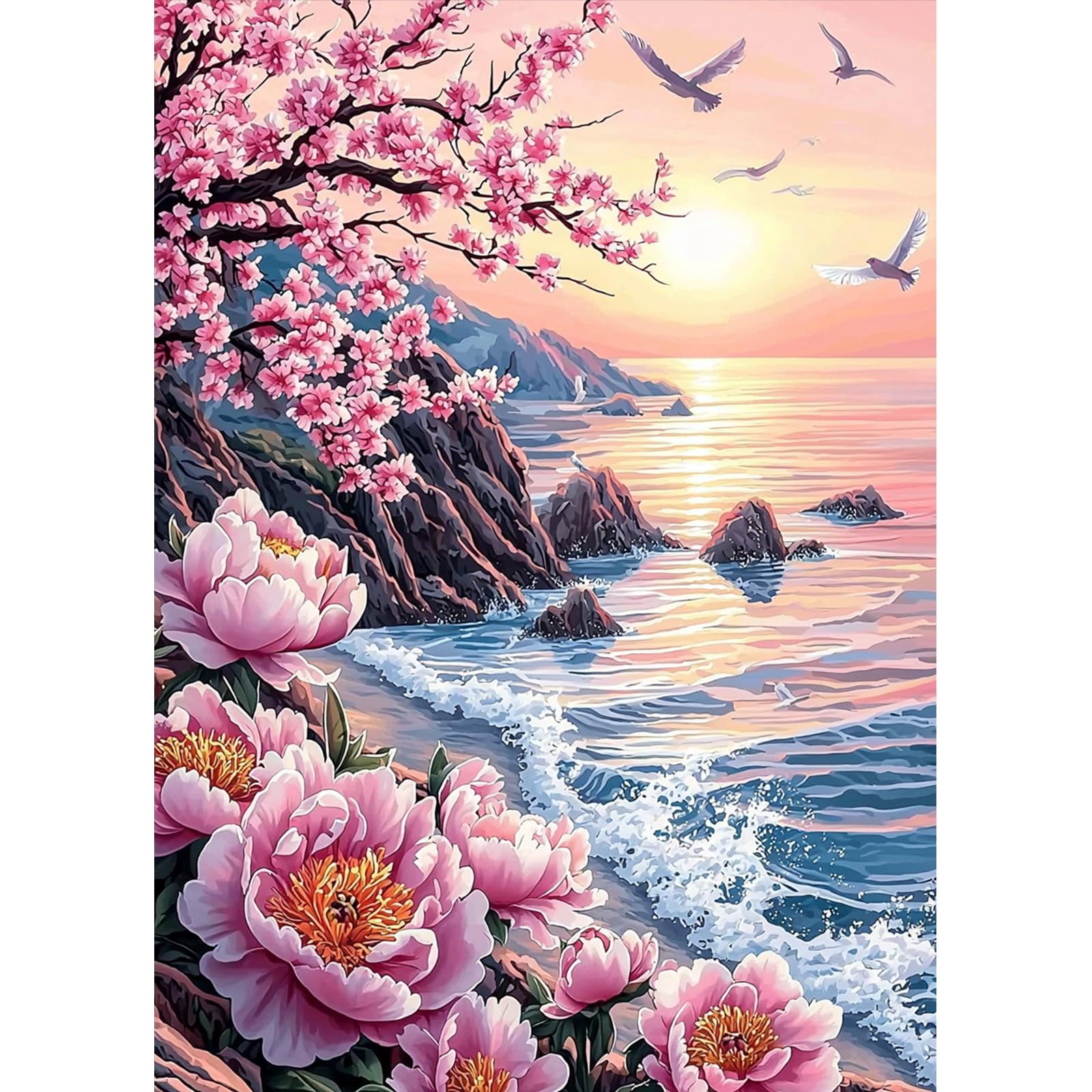 MAXBYE Diamond Painting Adults Kits, DIY Pink Flowers Seaside Diamond Art Kits Round Full Drill for Beginner, Sunset Scenery Gem Art Craft Crystal Cross Stitch for Home Wall Decor Gifts 30x40cm โ image 1