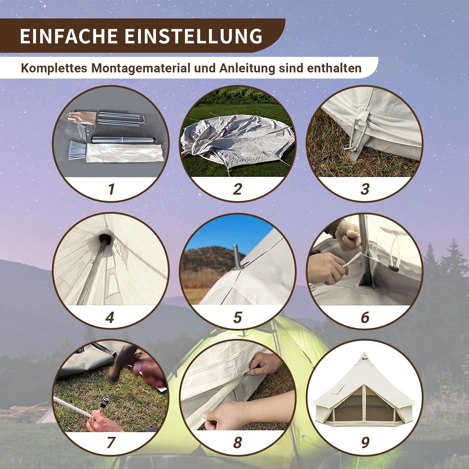 KingCamp Khan 4-5M Canvas Glockenzelt, 4-10 Personen 4-Jahreszeiten Glamping Jurte mit Ofenöffnung, 210g TC /280g C Atmungsaktives Wasserdichtes Campingzelt für Familien-Outdoor-Winterreisen, Khaki