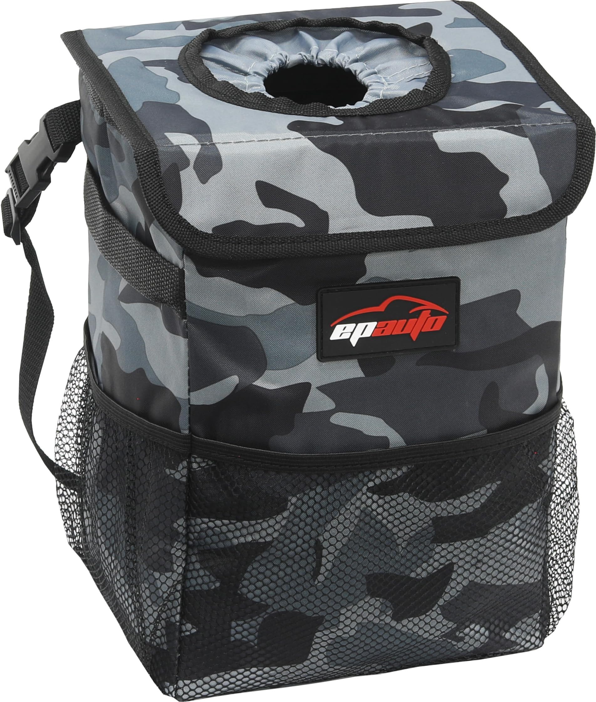 EPAuto Waterproof Car Trash Can with Lid and Storage Pockets, Camouflage Grey