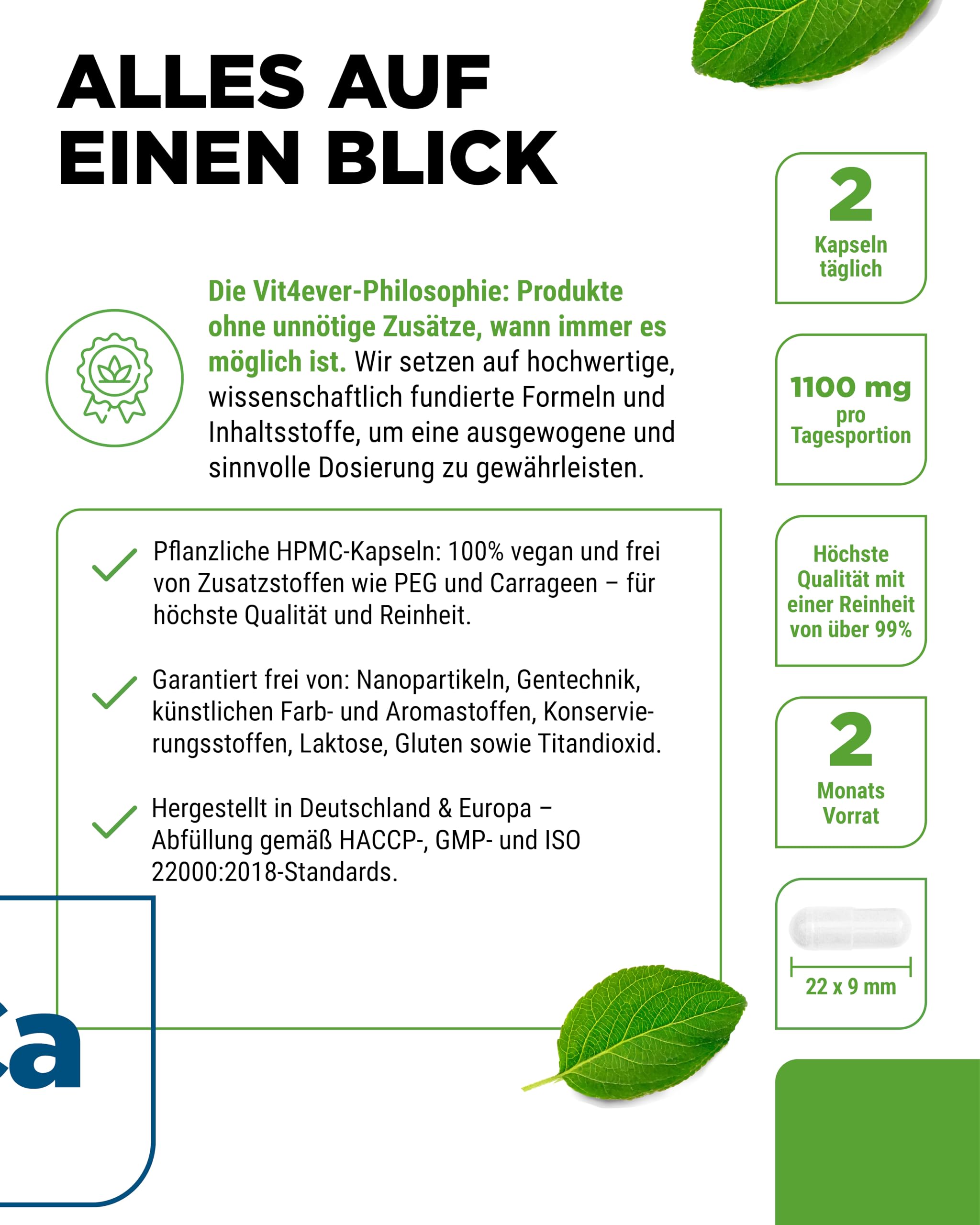 vit4ever CaAKG - 120 Kapseln - 1100 mg - hochdosiert - 1100 mg Tagesdosis | Reines Calcium-Alpha-Ketoglutarat, 60 Tage Vorrat, ohne unnötige Zusätze, vegan