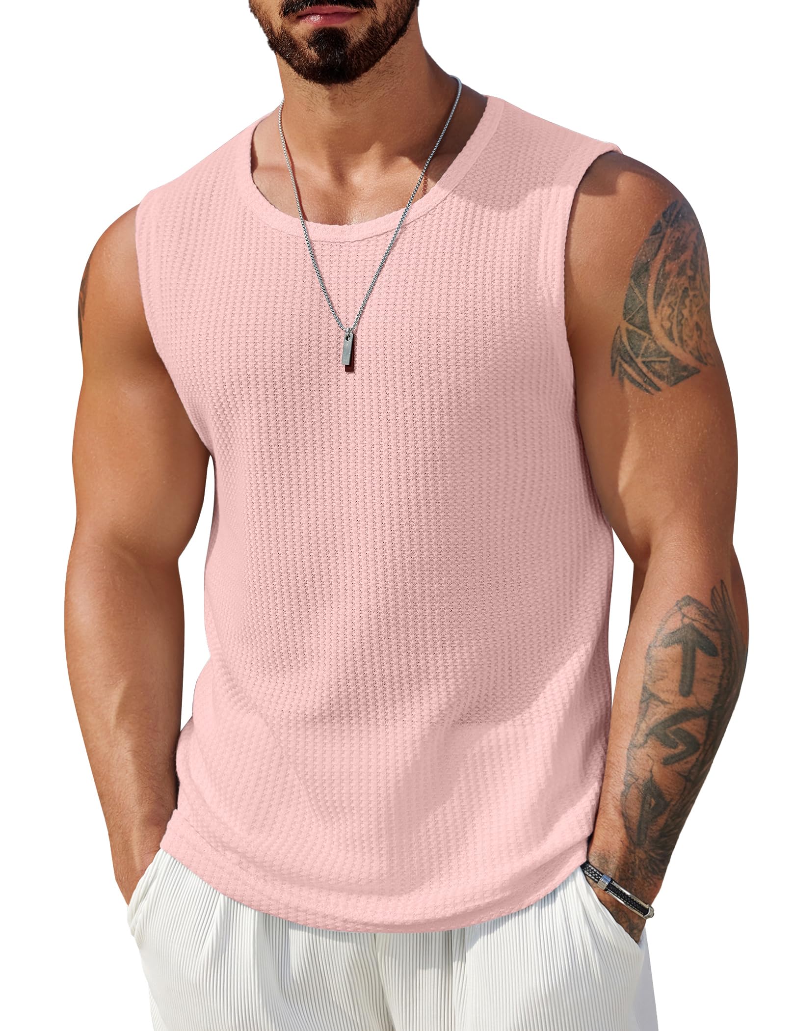 COOFANDY Mens Casual Tank Tops 2 Pack Waffle Knit Sleeveless Shirt Breathable Tank Shirts Summer Muscle Tee